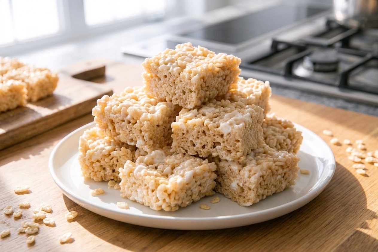 A stack of gooey Rice Krispie squares on a white plate on a sunlit kitchen table, with a few loose cereal pieces scattered nearby