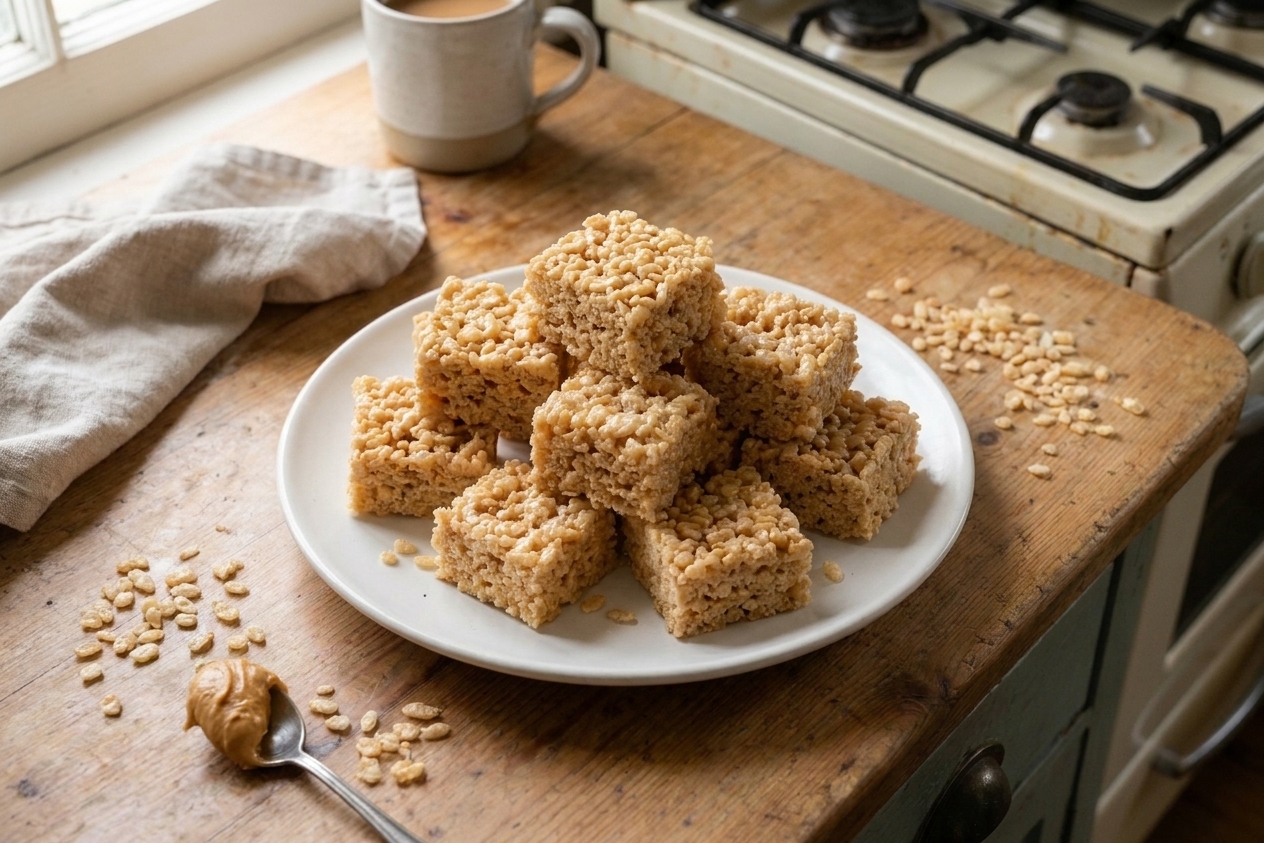 A stack of gooey peanut butter Rice Krispie treats on a white plate on a cozy kitchen table, with a few cereal bits scattered nearby