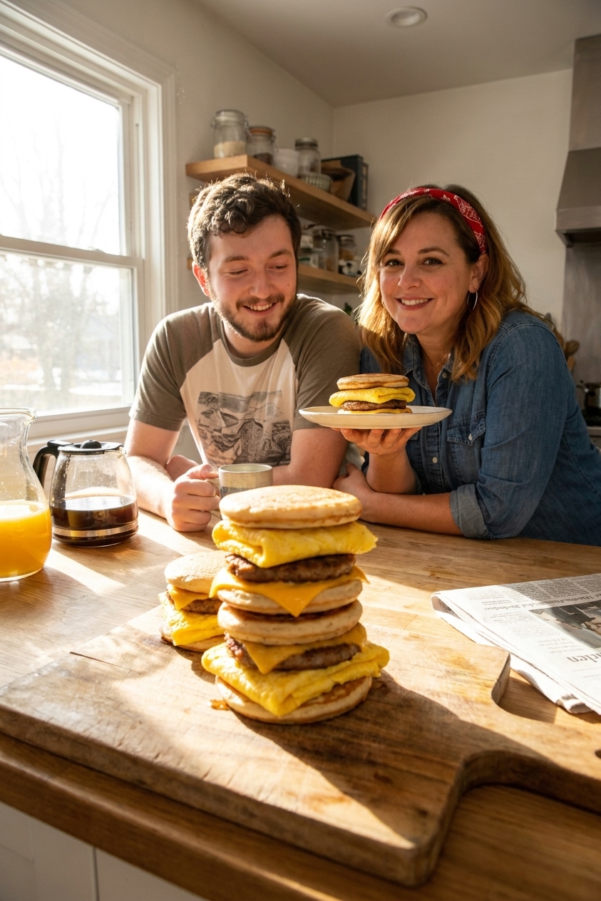 A stack of homemade McGriddle-style breakfast sandwiches with maple mini-pancake buns, folded eggs, melted cheese, and sausage patties on a wooden board in bright morning light