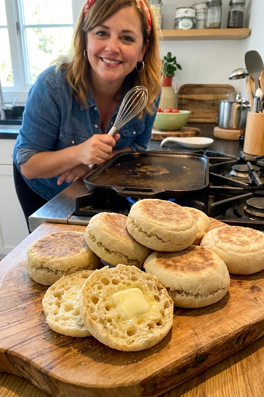 A stack of homemade sourdough discard English muffins on a wooden cutting board, one muffin split open to show a soft interior full of nooks and crannies, with a pat of butter melting nearby and a cast iron griddle in the background, warm natural kitchen light, photorealistic