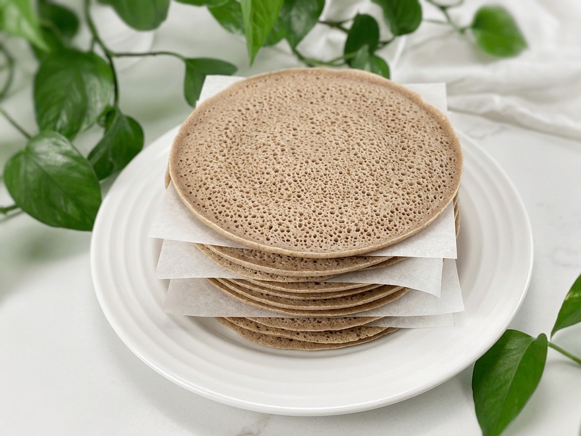 A stack of injera rounds separated by parchment paper on a plate, ready to be wrapped for storage on a kitchen counter