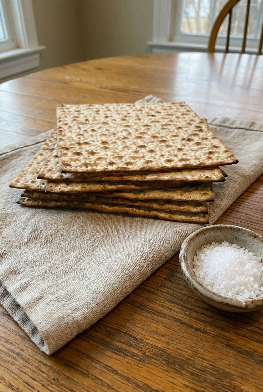 A stack of matzo on a linen napkin with a small dish of salt nearby