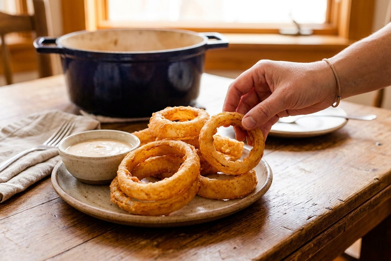 A stack of oversized crispy onion rings on a plate with a small bowl of dipping sauce on a wooden dining table, casual family-style setting