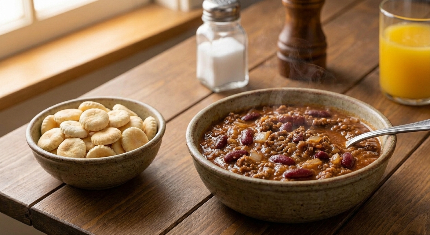 A stack of oyster crackers in a small bowl next to a bowl of chili
