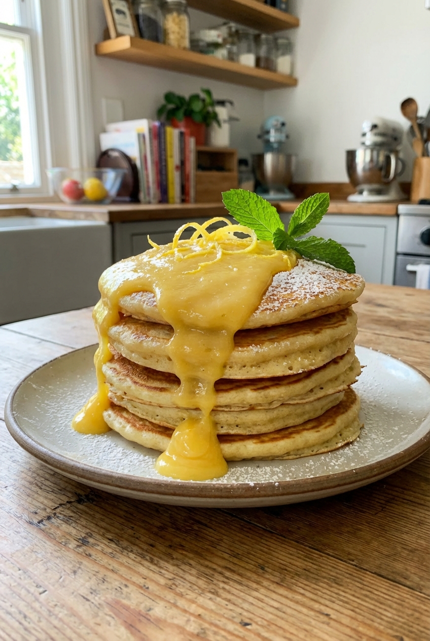 A stack of pancakes on a plate with lemon curd spooned over the top