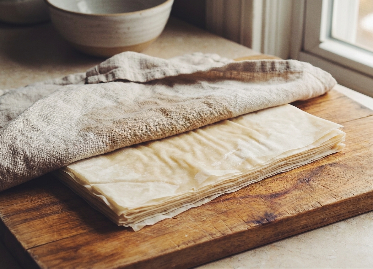A stack of phyllo sheets covered with a barely damp kitchen towel on a cutting board, ready for folding
