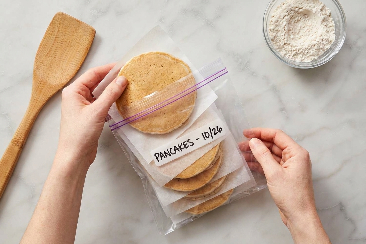 A stack of plain pancakes separated by parchment paper being placed into a labeled freezer bag on a kitchen counter