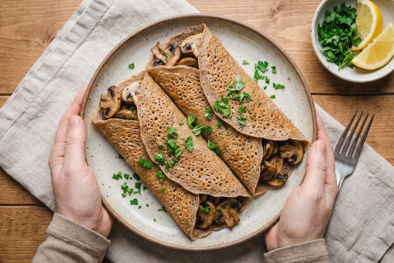 A stack of rustic buckwheat crêpes on a plate with sautéed mushrooms and herbs spooned over the top, set on a warm kitchen table with soft natural light