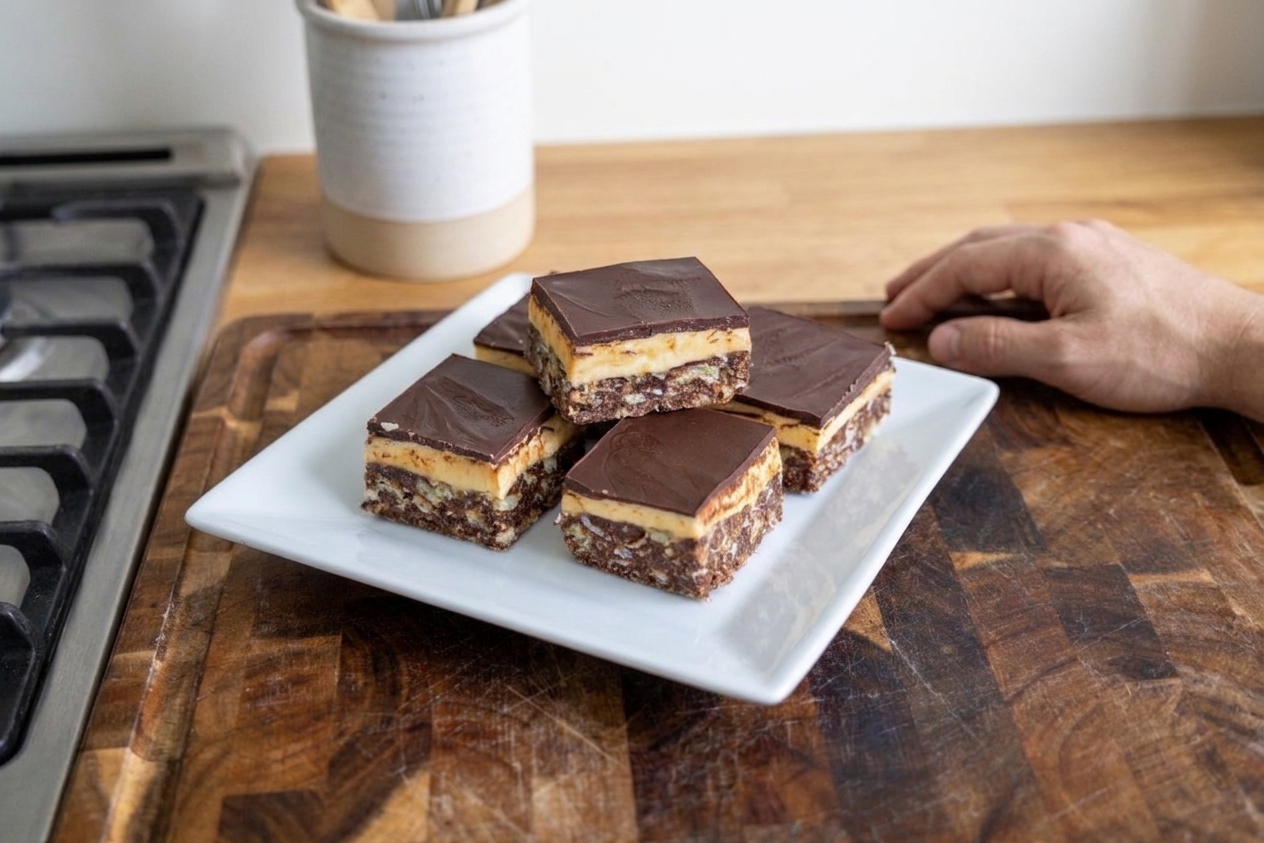 A stack of sliced Nanaimo bars on a wooden cutting board, showing distinct layers and a glossy chocolate top, in natural kitchen light