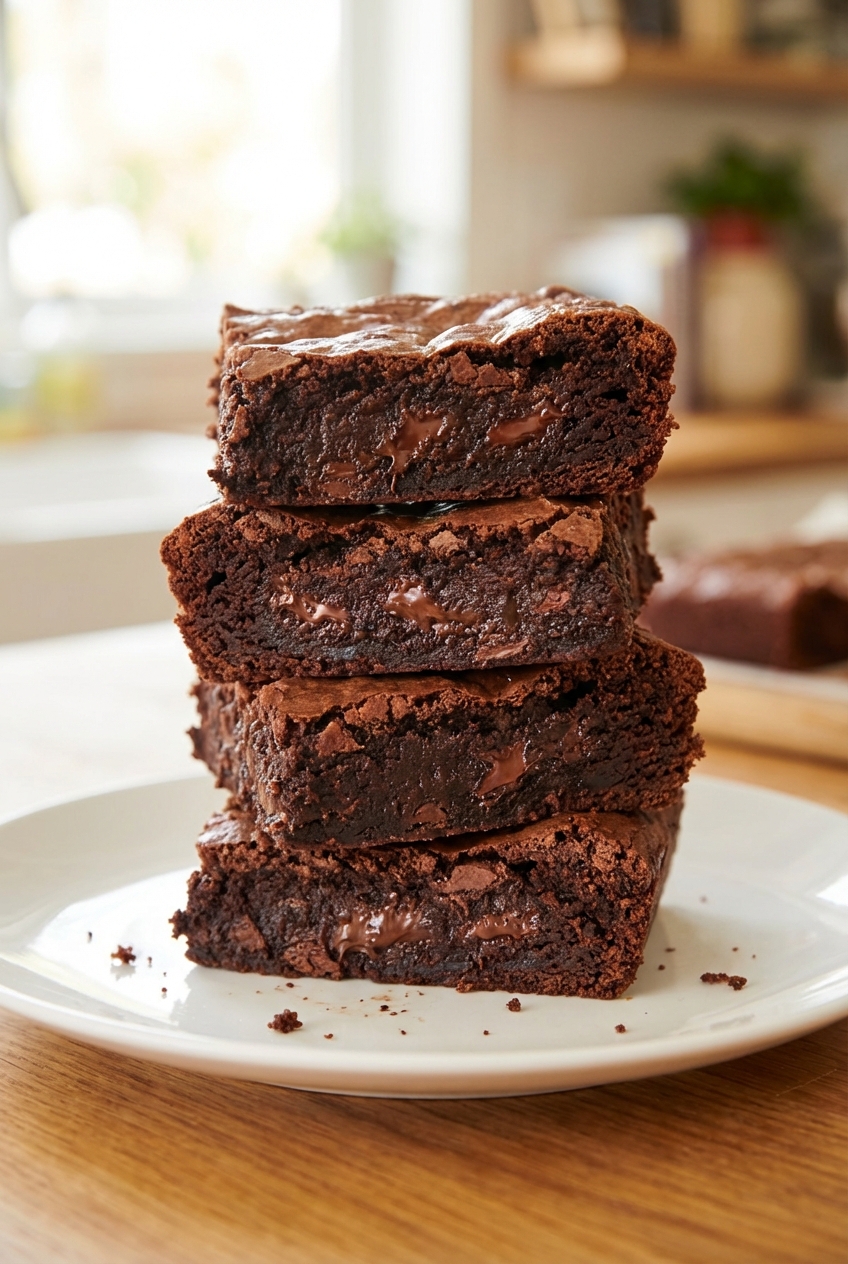 A stack of sliced brownies showing a fudgy center on a plate