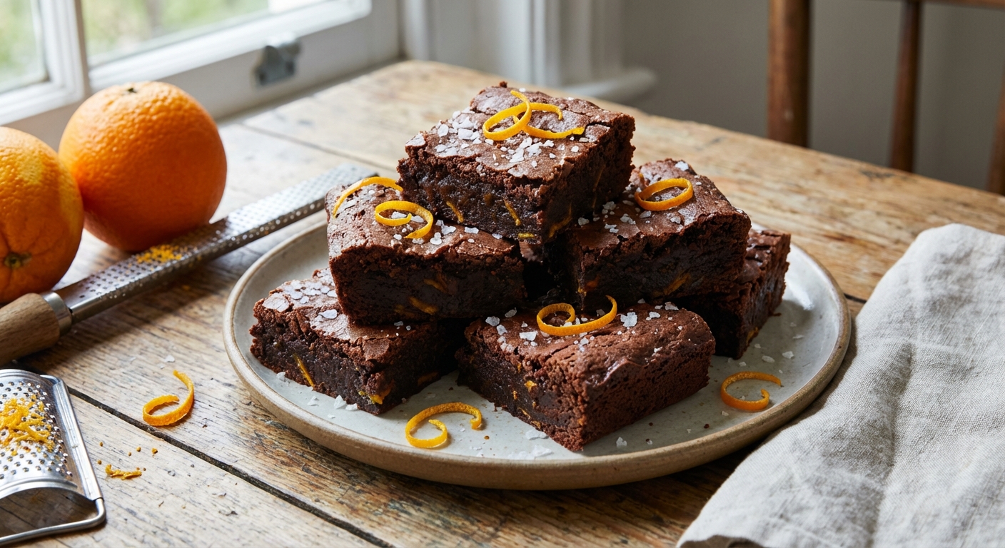 A stack of sliced citrus-kissed brownies on a plate with flaky salt and orange zest
