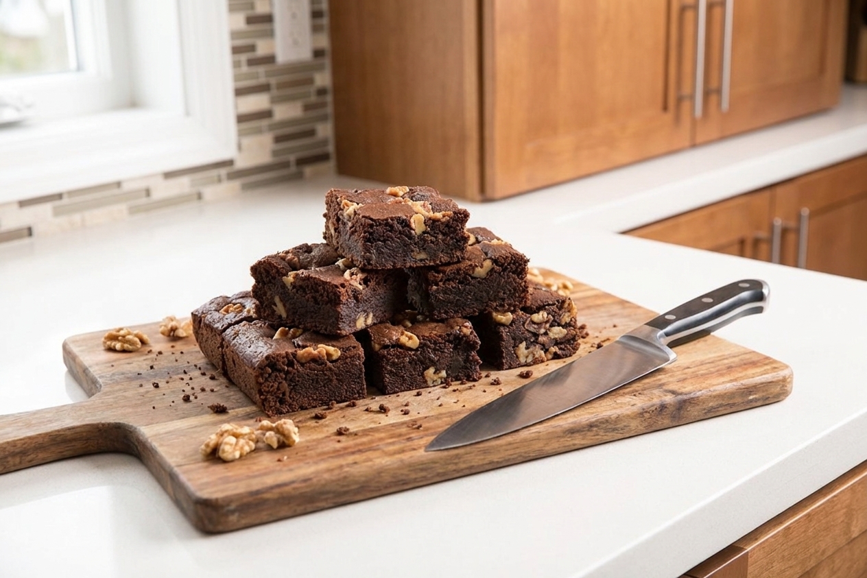 A stack of sliced fudgy brownies on a wooden cutting board with a chef knife beside them on a kitchen counter