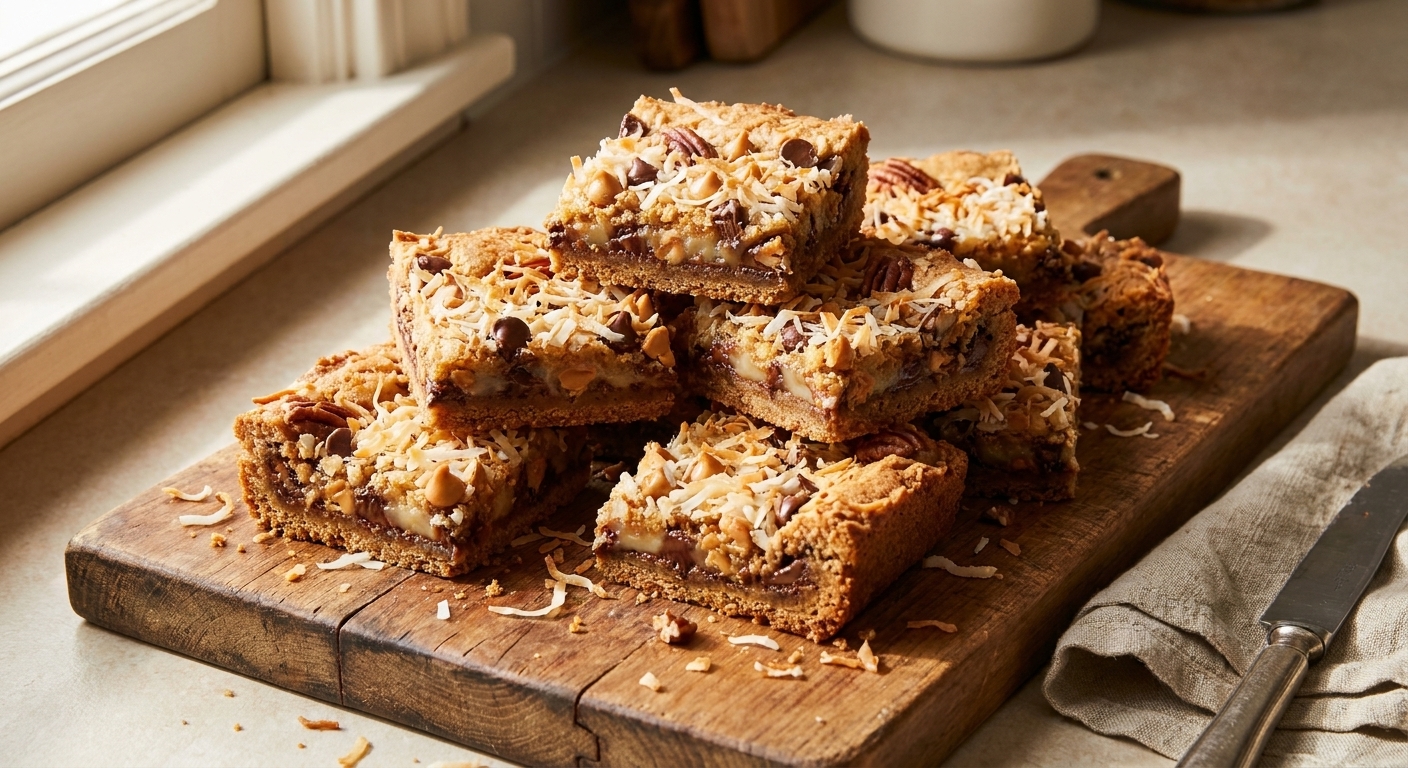 A stack of sliced magic cookie bar squares on a wooden cutting board, showing toasted coconut and melted chocolate layers