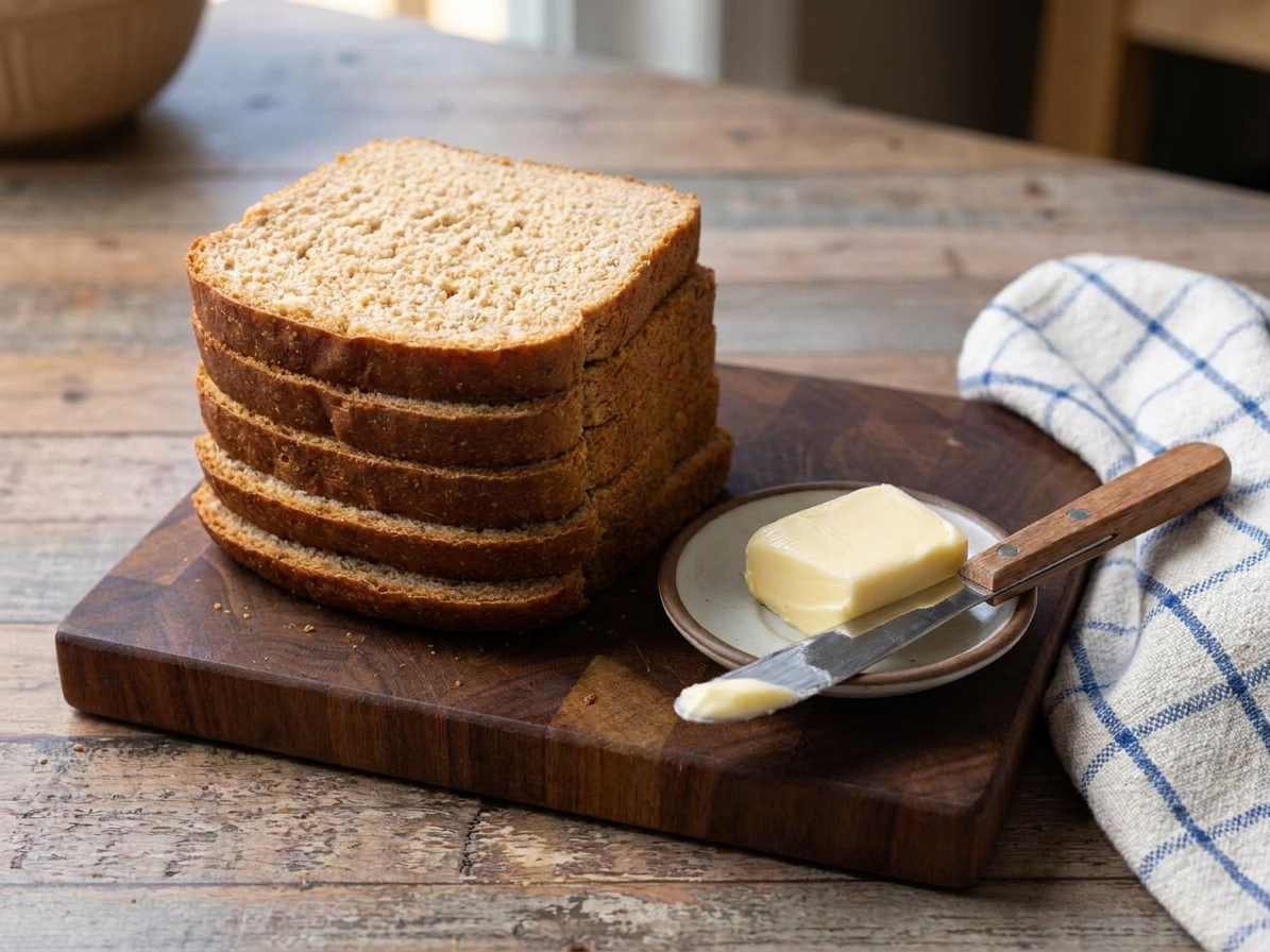 A stack of sliced whole grain sandwich bread on a cutting board with softened butter and a butter knife on a simple kitchen table setting