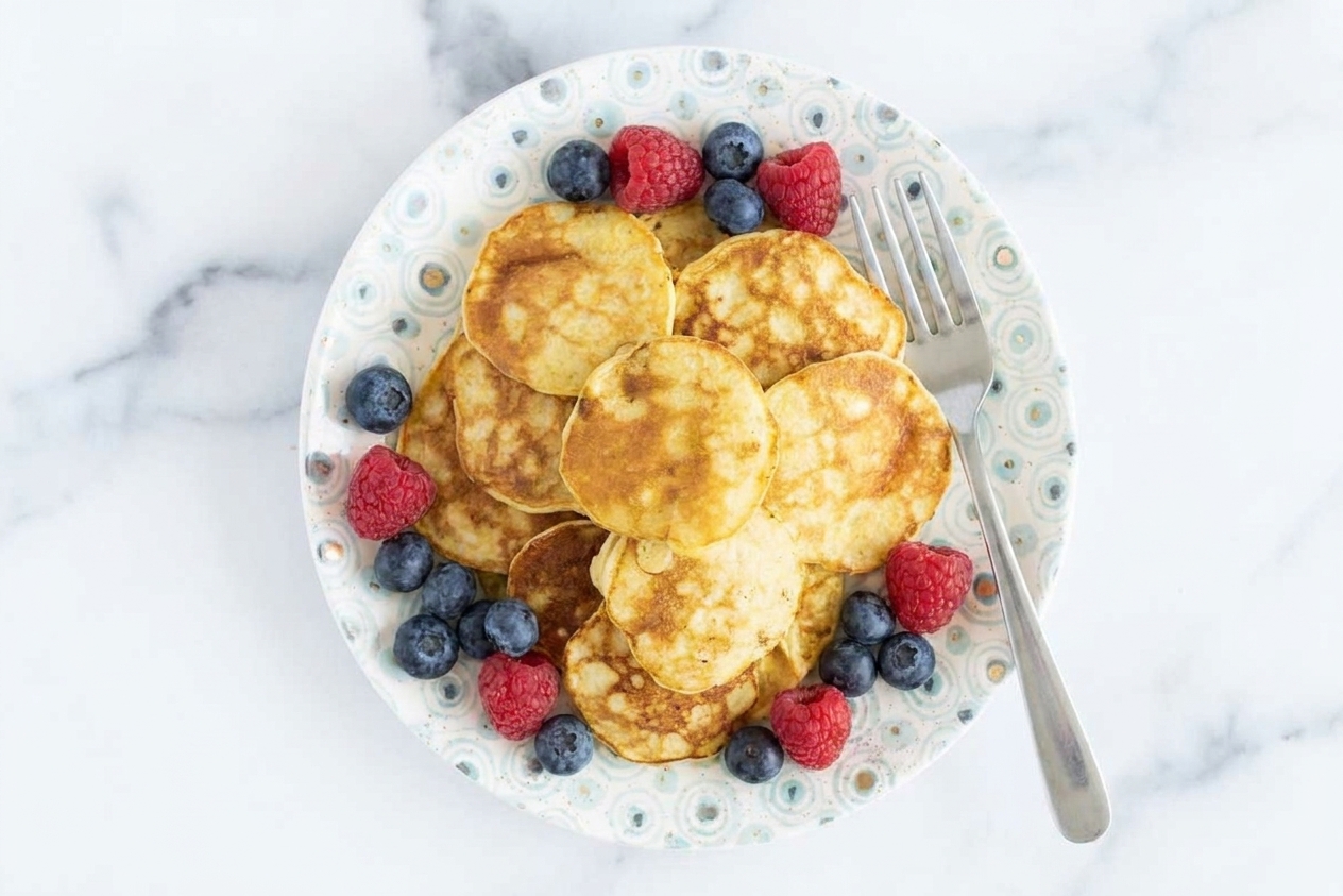 A stack of small baby pancakes on a plate with a few berries and a fork on a kitchen table setting