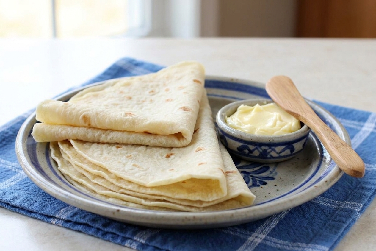 A stack of soft Norwegian lefse folded into quarters on a stoneware plate with a small dish of butter