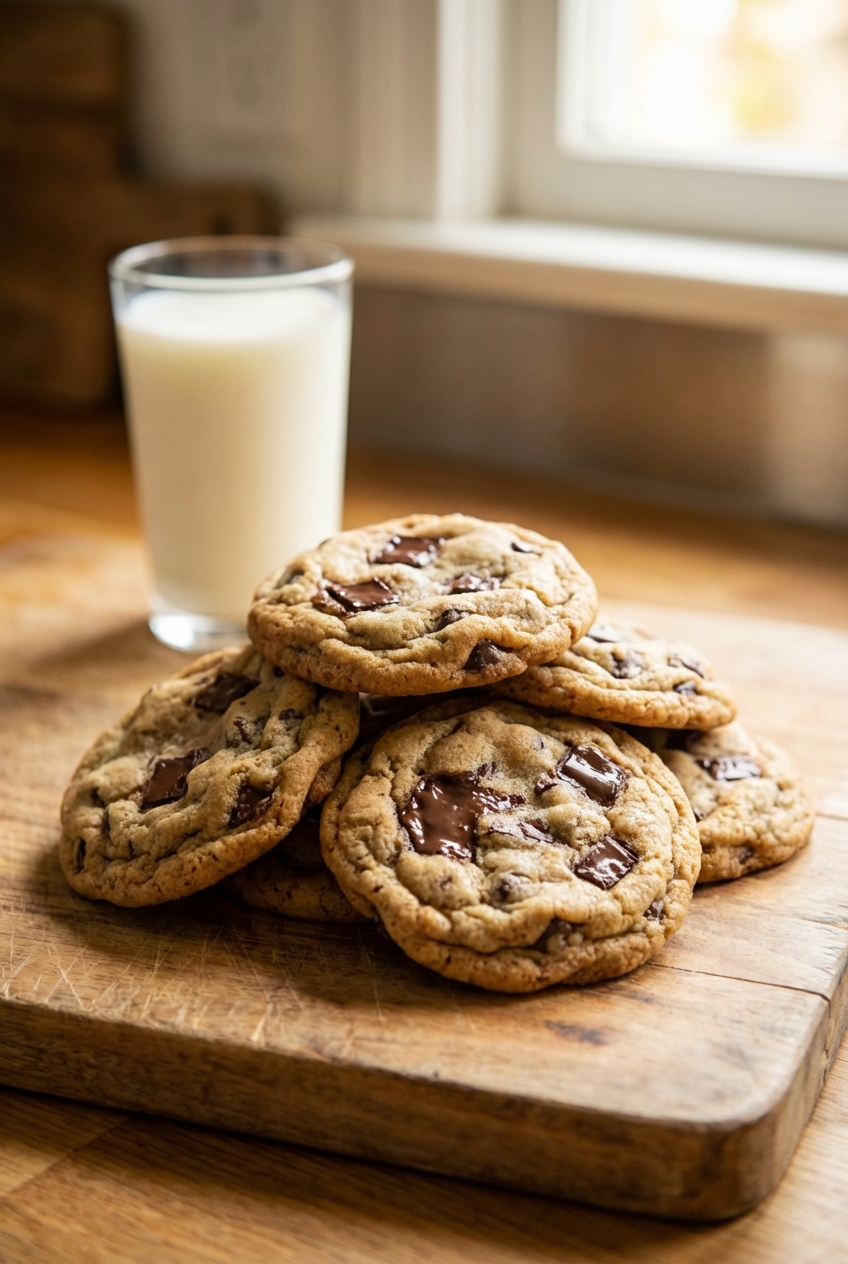 A stack of soft and chewy chocolate chip cookies on a wooden board with a glass of milk in the background