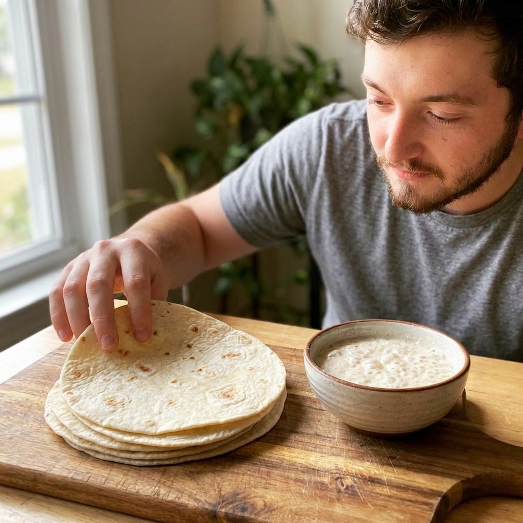 A stack of soft flour tortillas on a wooden cutting board with a small bowl of sourdough discard nearby, warm natural window light, shallow depth of field, photorealistic food photography