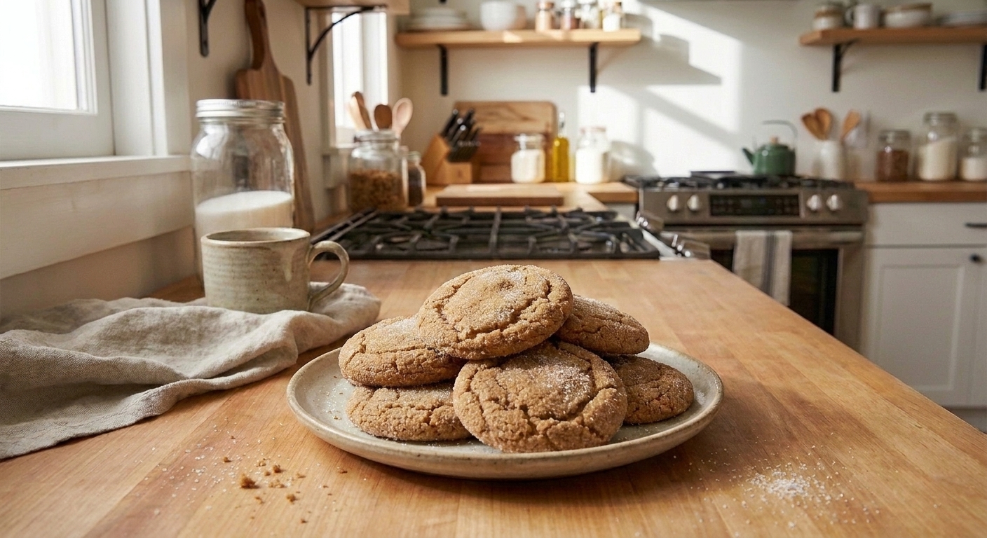 A stack of soft ginger cookies with crackly tops and sugar coating on a ceramic plate on a warm kitchen table