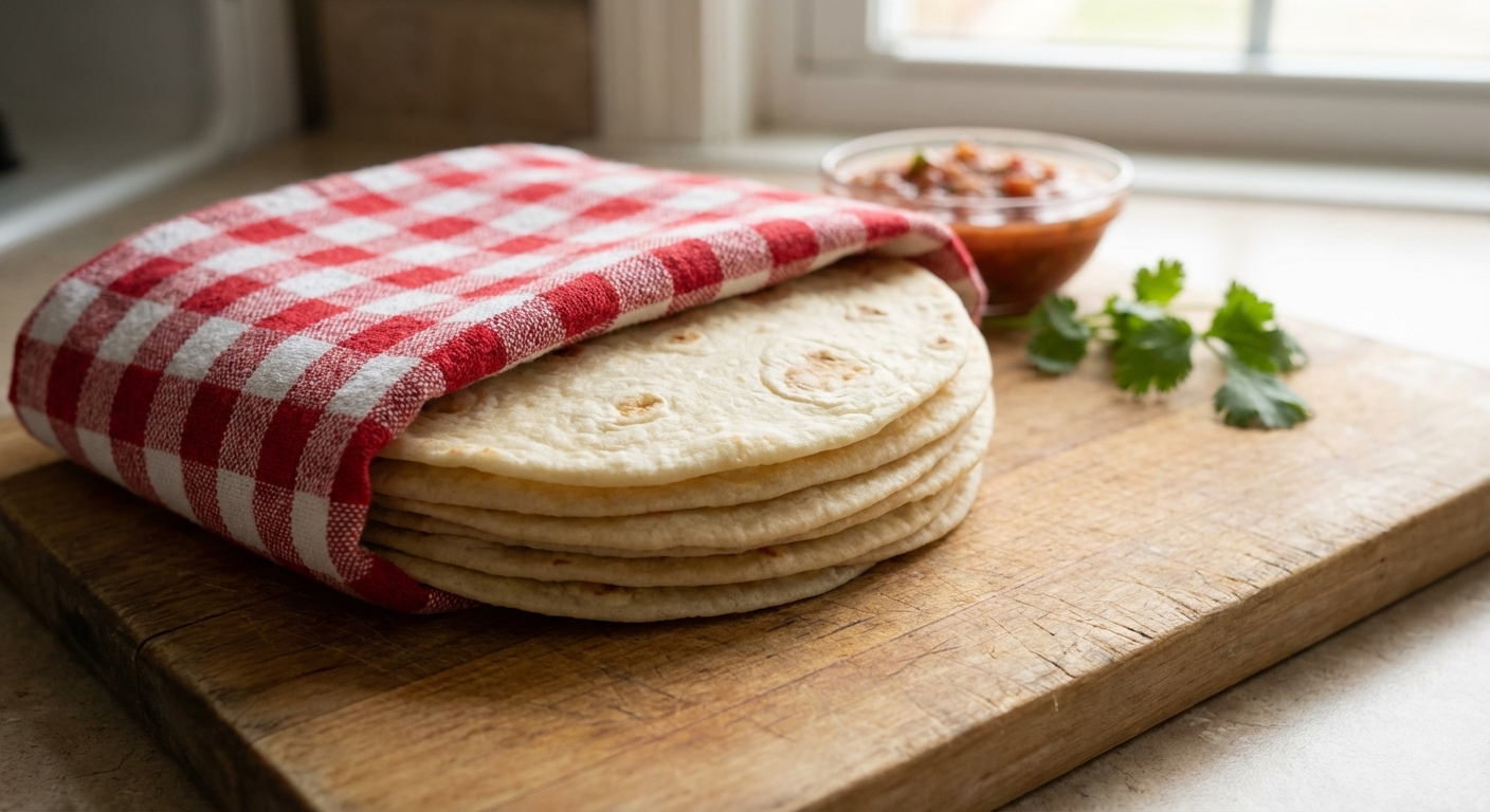 A stack of soft homemade flour tortillas wrapped in a clean kitchen towel on a wooden cutting board