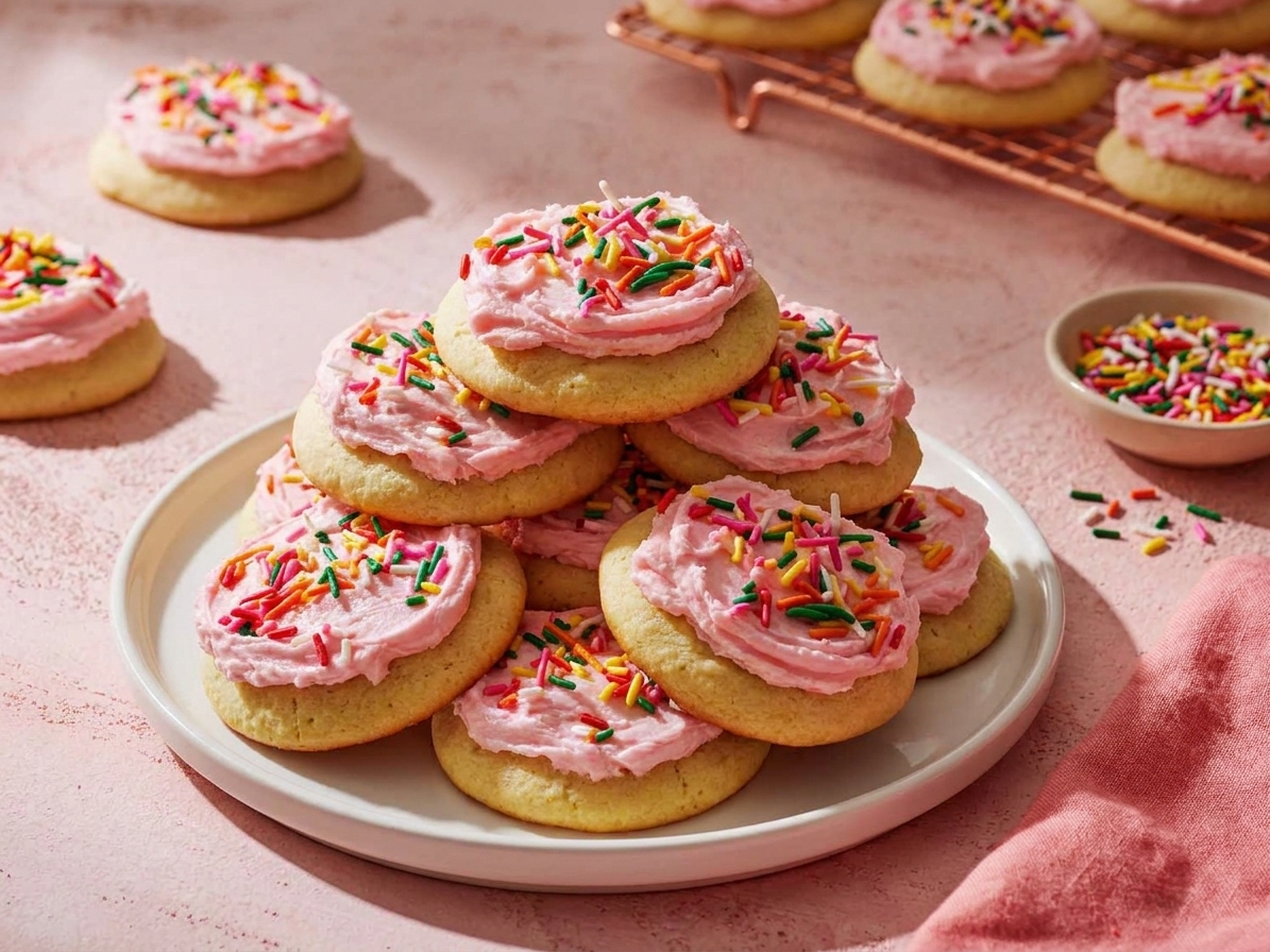 A stack of soft sugar cookies with pink frosting and rainbow sprinkles on a white plate set on a kitchen table