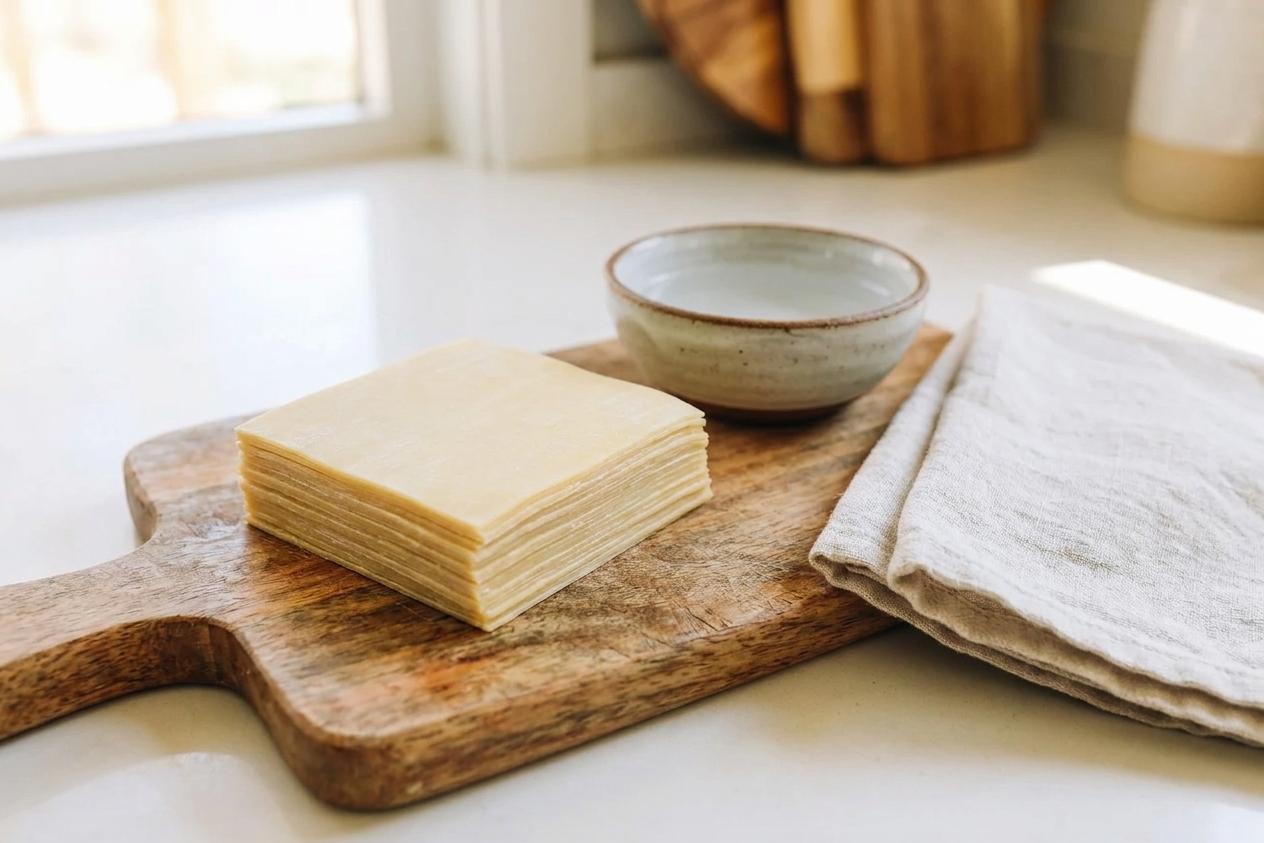 A stack of square wonton wrappers on a wooden cutting board next to a small bowl of water and a clean kitchen towel on a bright kitchen counter