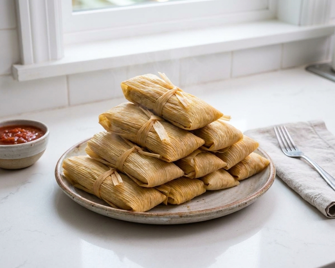 A stack of steamed tamales still in their corn husks on a ceramic plate with a simple table setting
