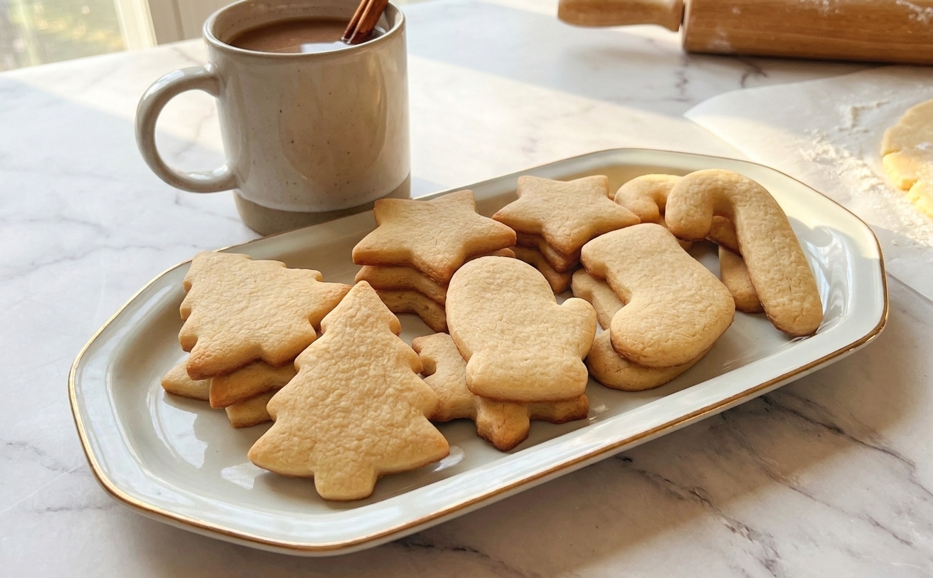 A stack of sugar cookie cutouts on a ceramic plate with a mug on a kitchen table in soft natural light