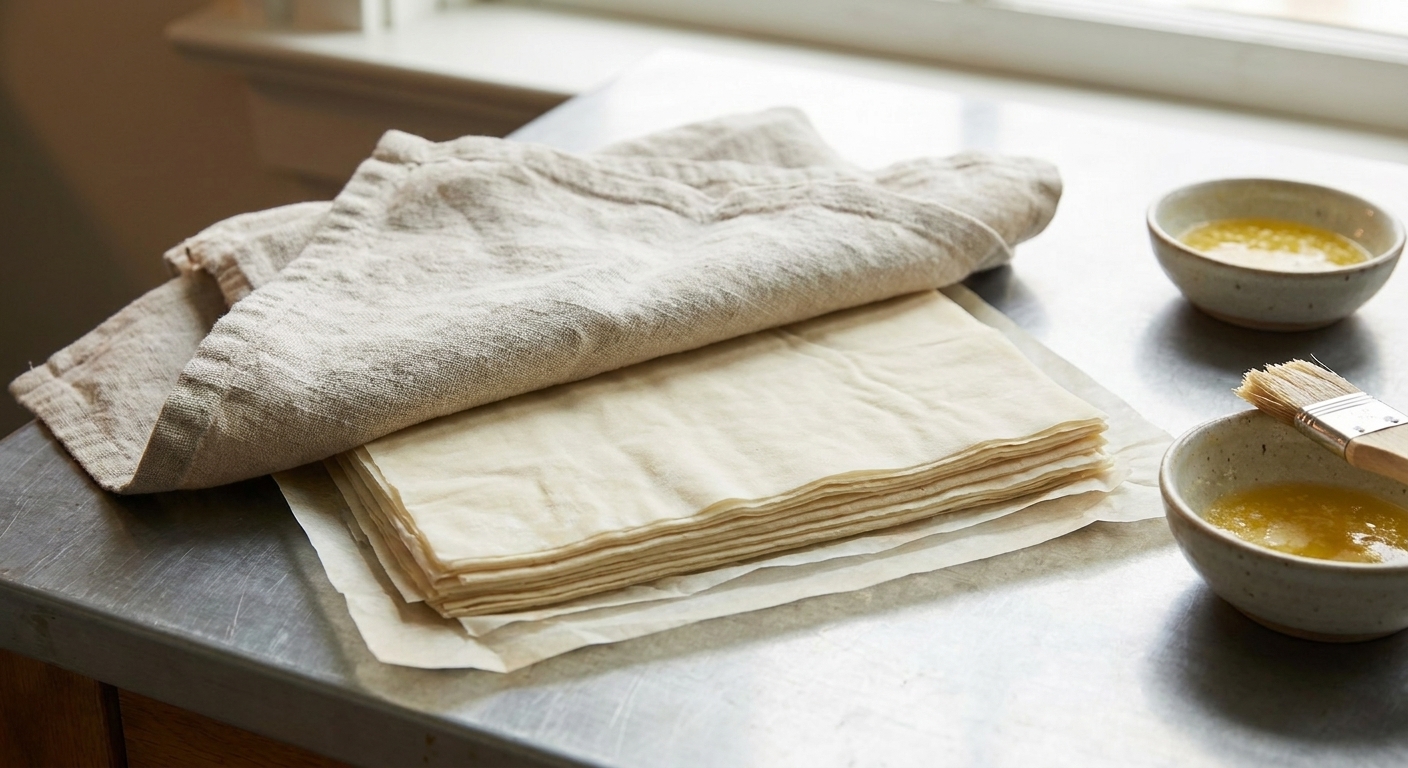 A stack of thawed phyllo dough sheets on parchment paper on a kitchen counter with a clean towel draped over the top