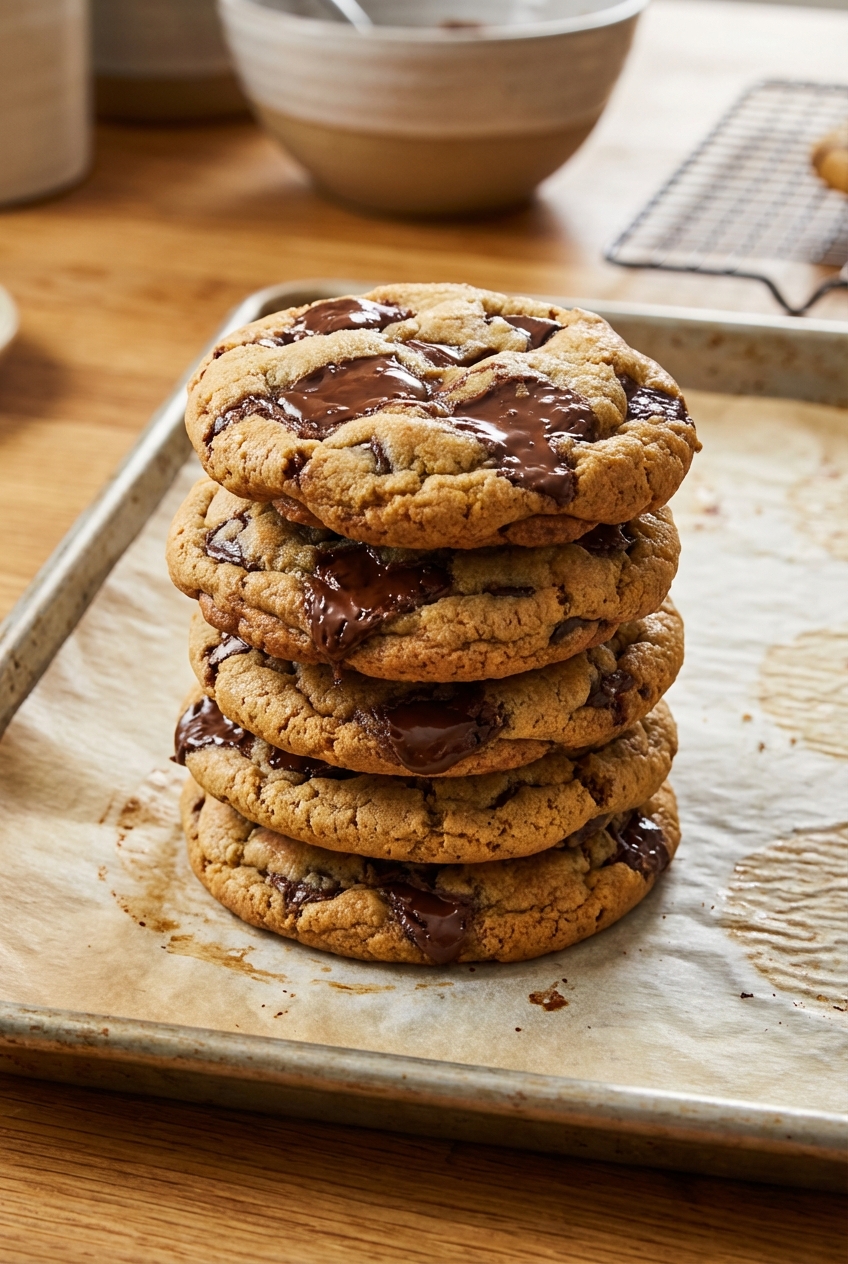 A stack of thick bakery-style chocolate chip cookies with melted chocolate chunks on a parchment-lined baking sheet