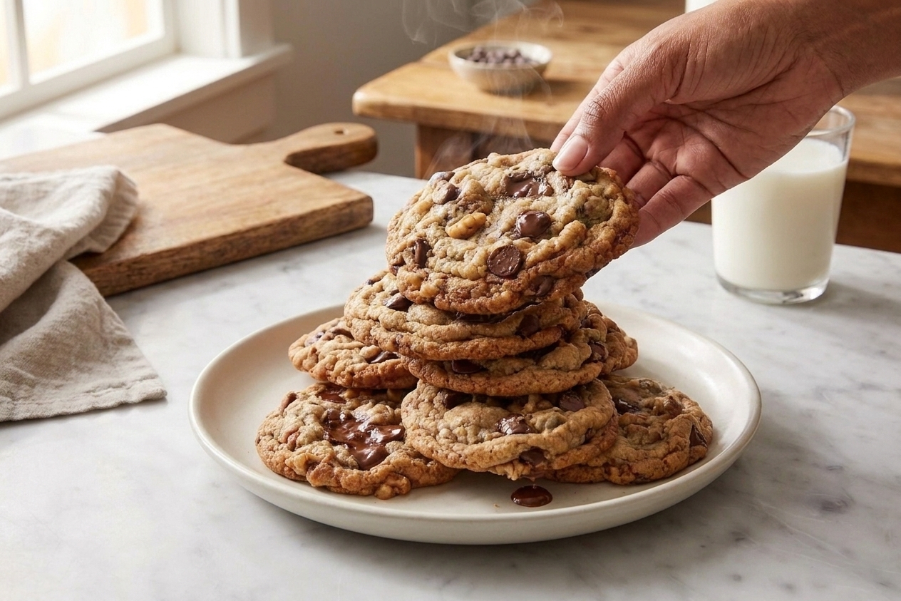 A stack of thick, chewy chocolate chip cookies with crisp edges and melted chocolate puddles on a warm plate in a cozy kitchen