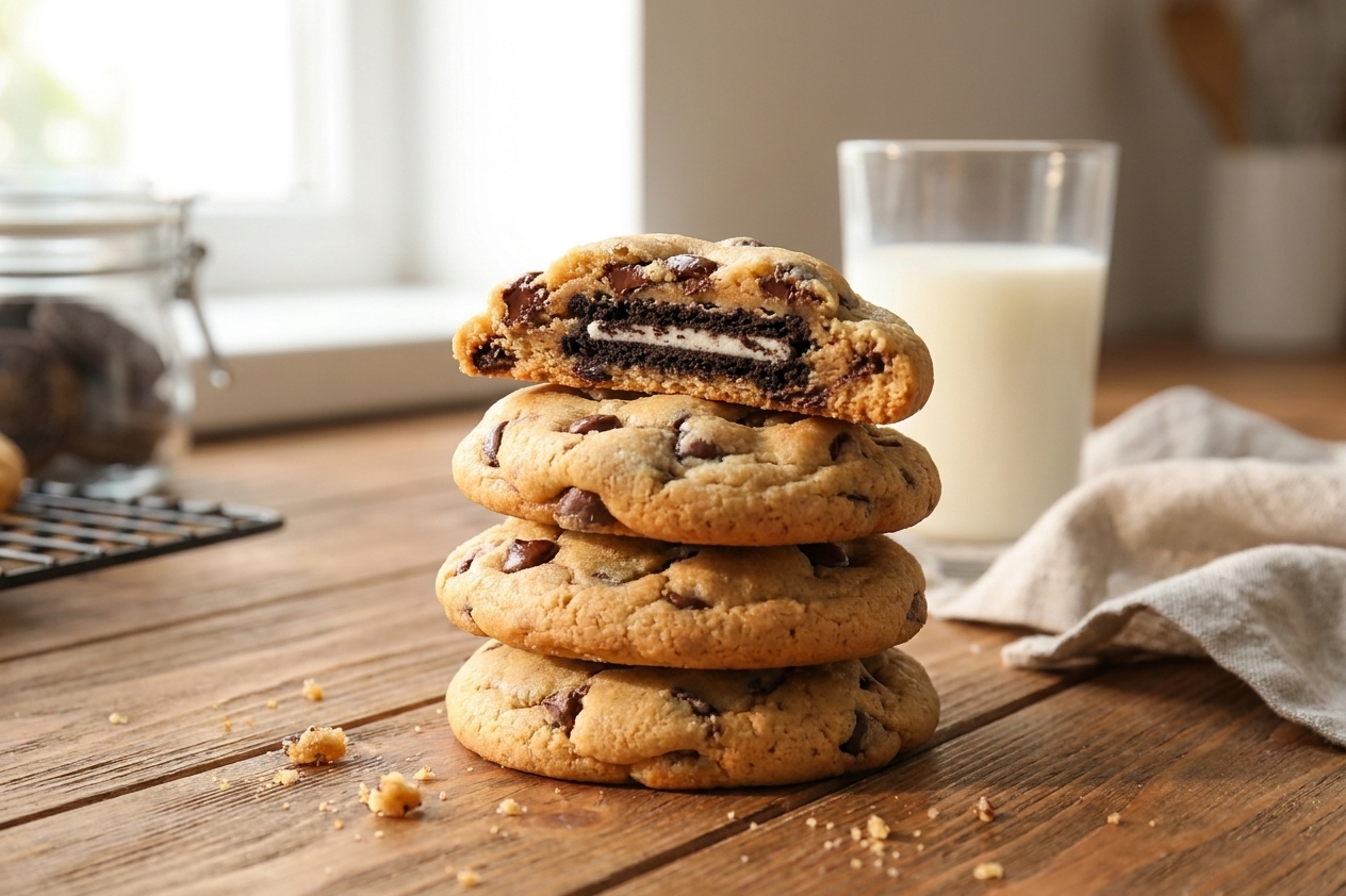 A stack of thick, chewy cookies split open to reveal a whole Oreo baked inside, on a warm wooden kitchen counter with soft natural light