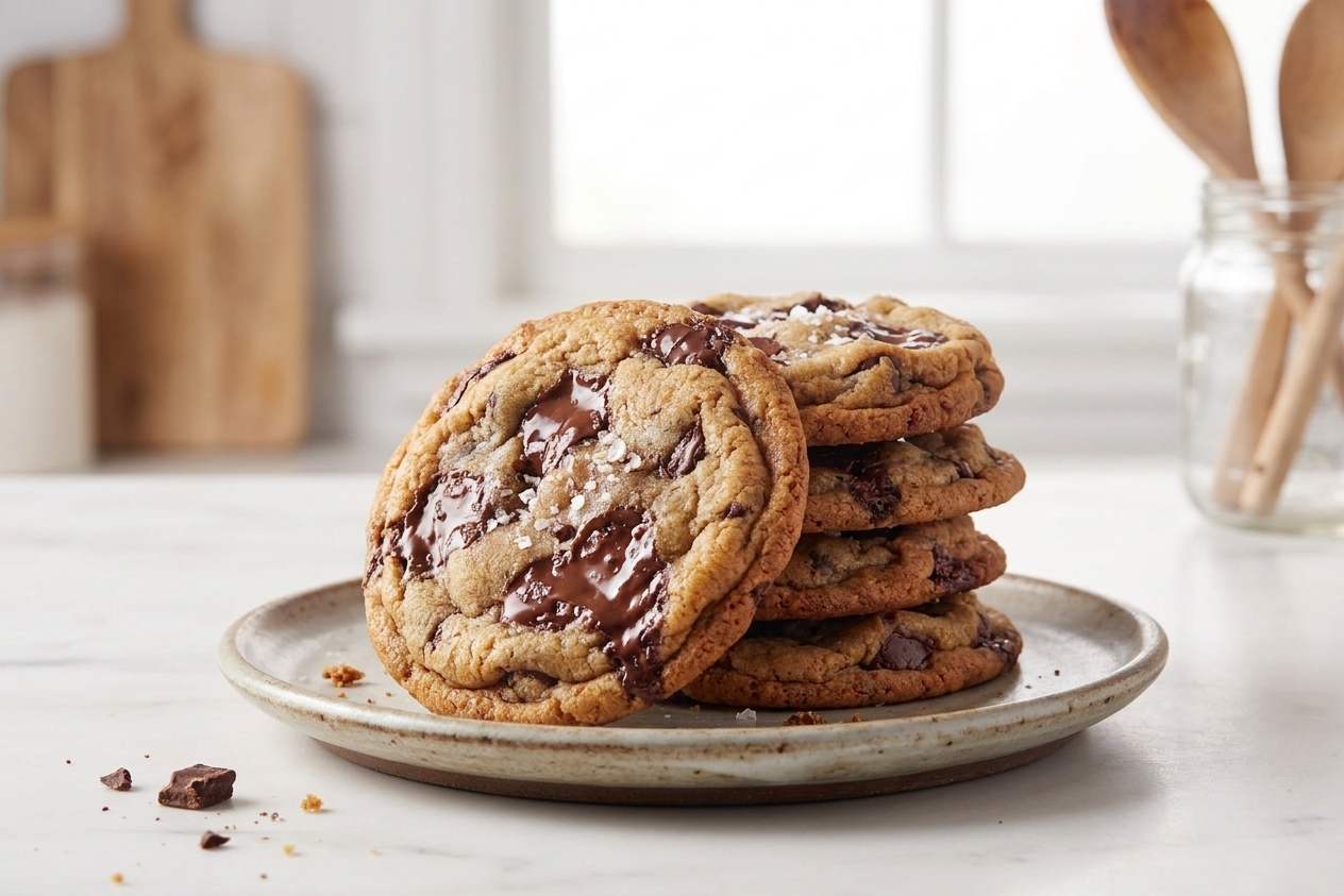 A stack of thick chocolate chip cookies with crisp edges and melty chocolate on a plate on a kitchen table
