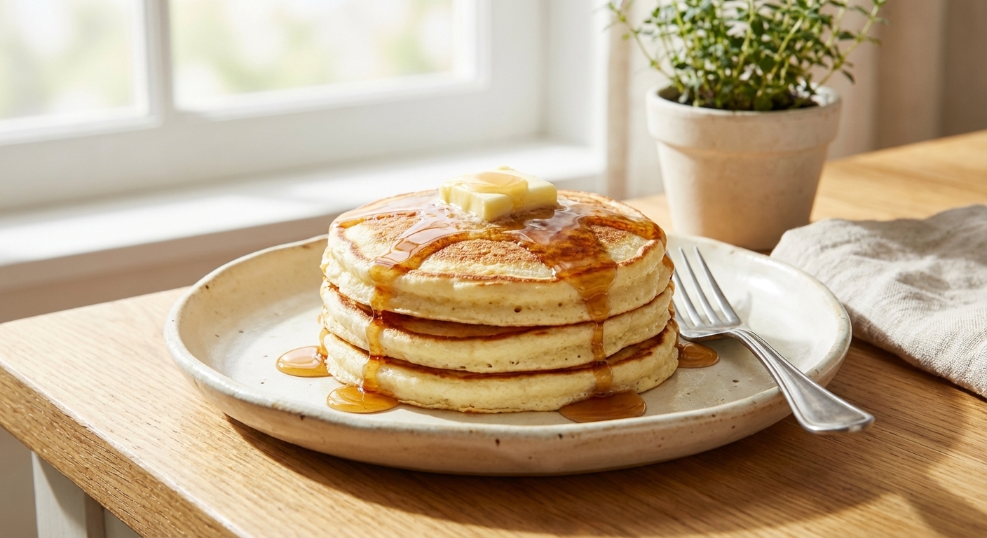 A stack of thick, fluffy cottage cheese pancakes on a ceramic plate with butter melting on top and maple syrup dripping down the sides, set on a bright kitchen table with a fork beside the plate, photorealistic food photography