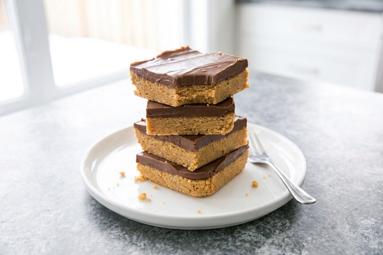 A stack of thick no-bake peanut butter bars with a glossy chocolate top layer on a white plate on a bright kitchen table