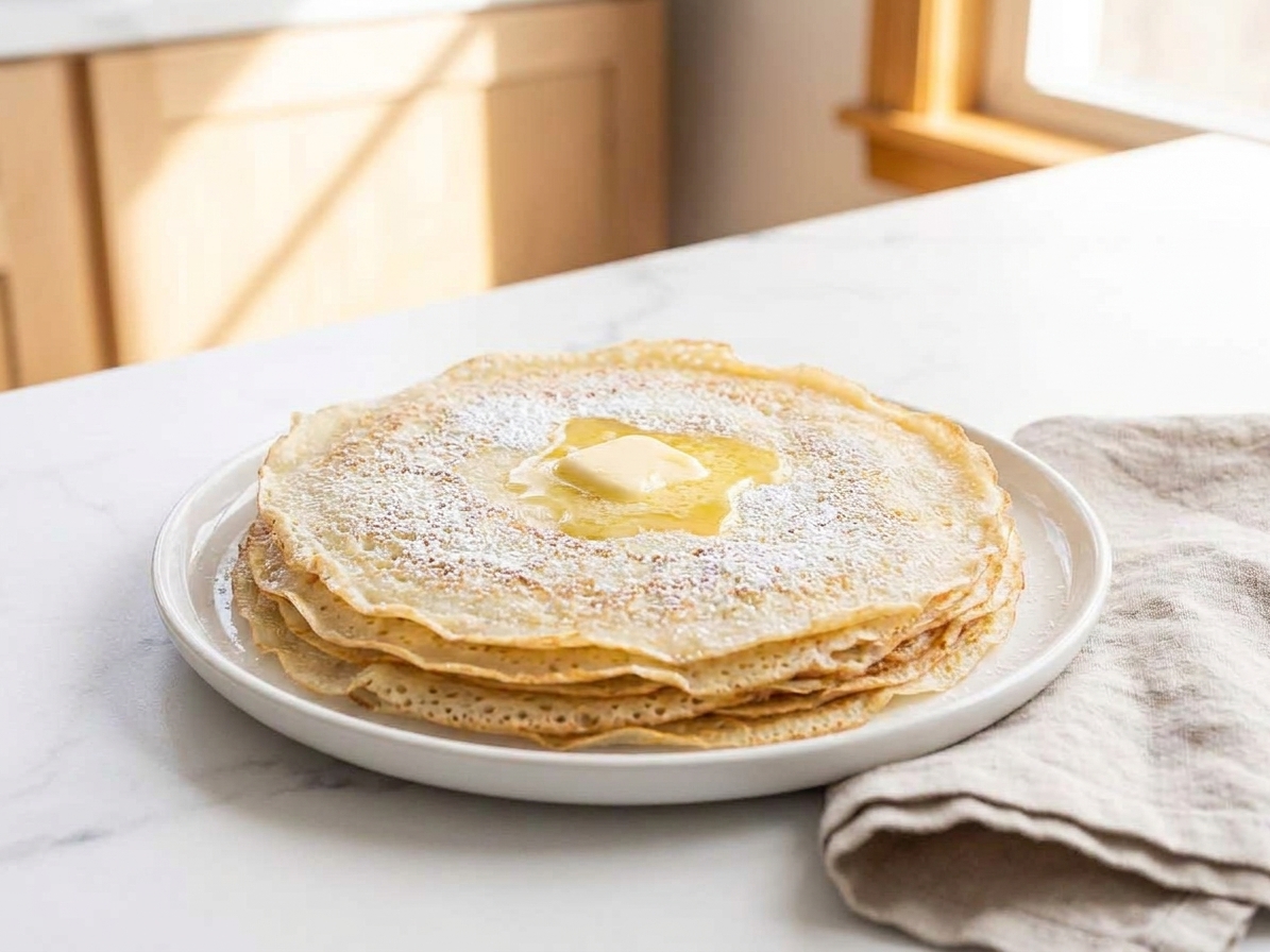 A stack of thin French crepes on a white plate with a small pat of butter melting on top and a dusting of powdered sugar, set on a bright kitchen table with a linen napkin