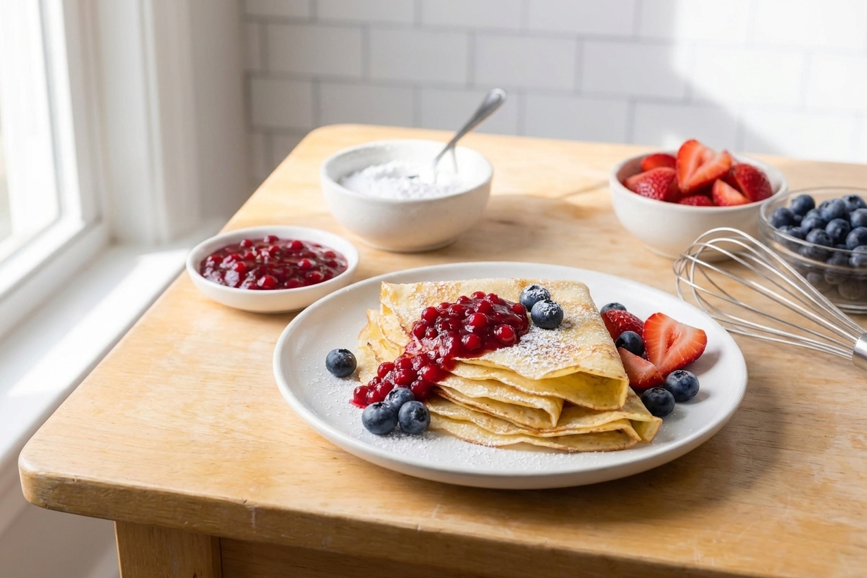 A stack of thin Swedish pancakes folded into quarters on a white plate with lingonberry jam, fresh berries, and a light dusting of powdered sugar on a sunlit kitchen table