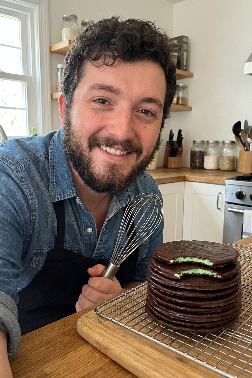 A stack of thin, crisp chocolate-mint wafers with a glossy dark chocolate coating resting on a wire rack, with a few cookies showing clean bitten edges, natural window light