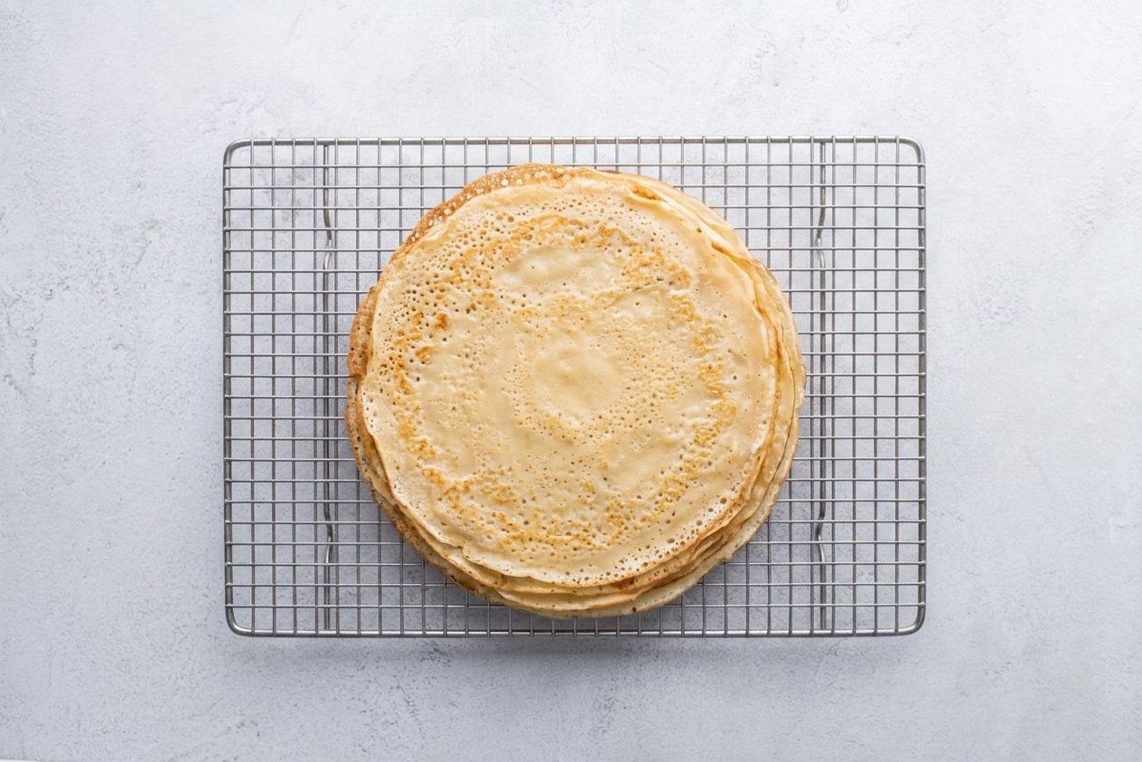 A stack of thin golden crepes cooling on a wire rack on a kitchen counter