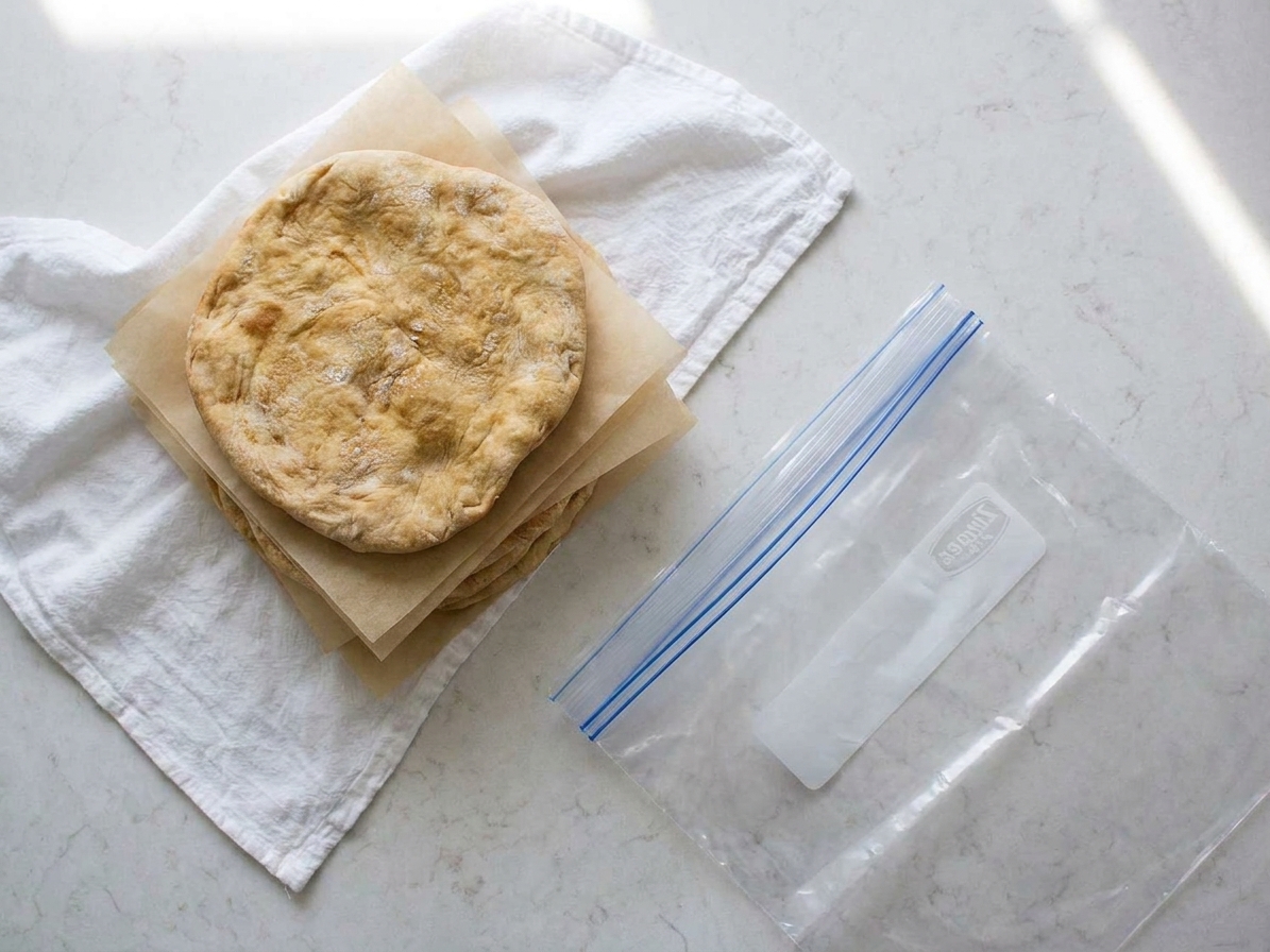 A stack of unleavened flatbreads separated by parchment paper ready to be stored in a zip-top freezer bag on a kitchen counter