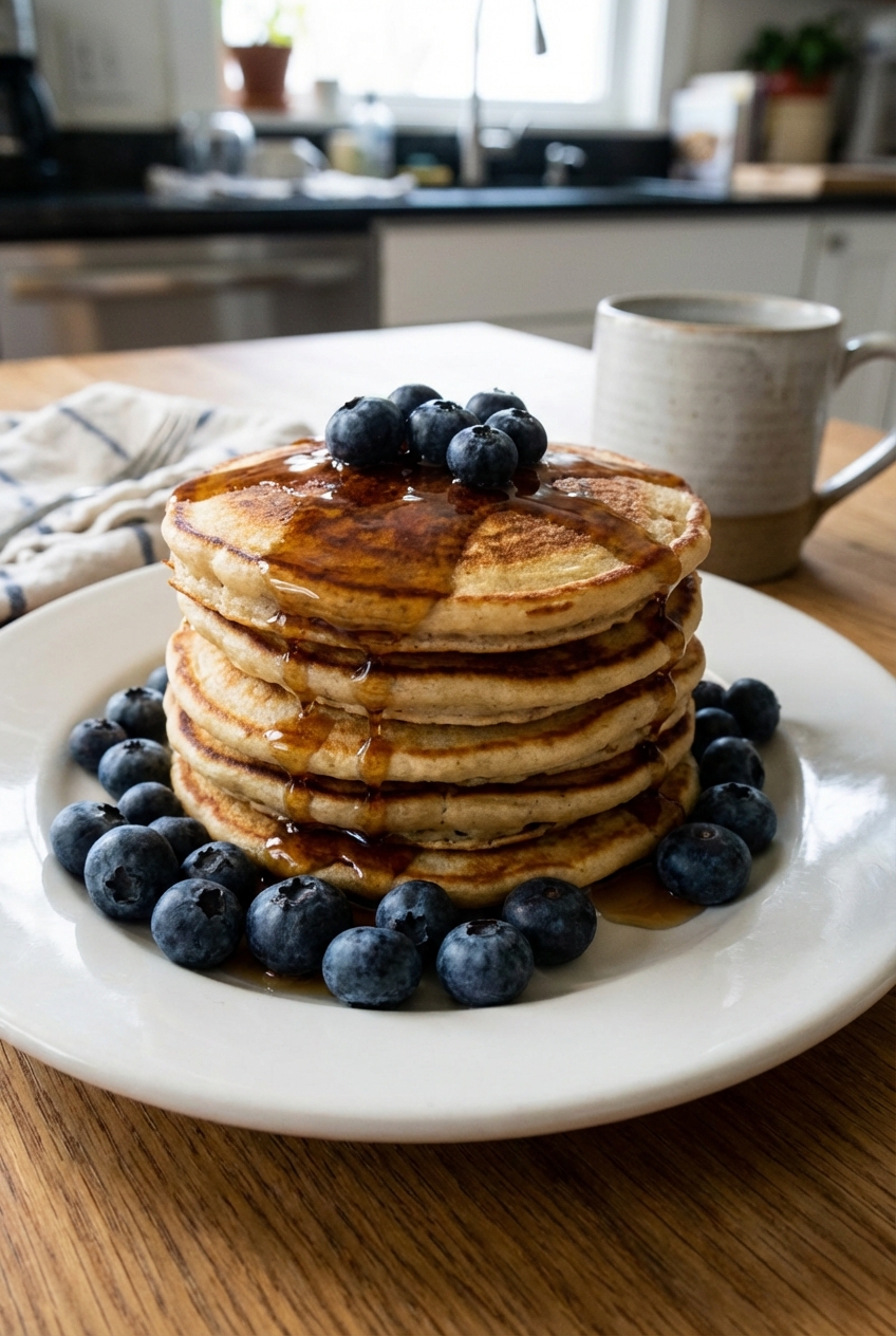 A stack of vegan blueberry pancakes on a white plate with maple syrup dripping down the sides and fresh blueberries scattered around