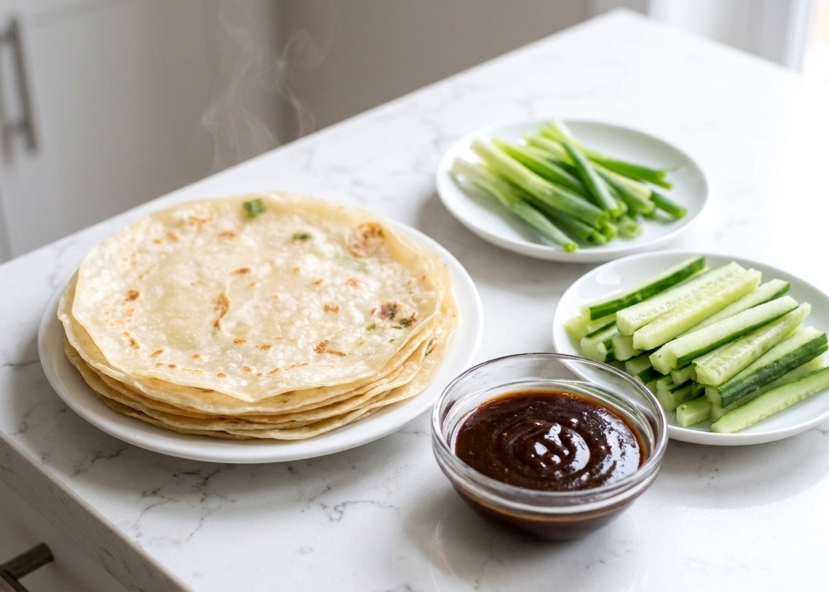 A stack of warm Mandarin pancakes on a plate with bowls of hoisin sauce, sliced cucumber sticks, and shredded scallions arranged on a kitchen counter