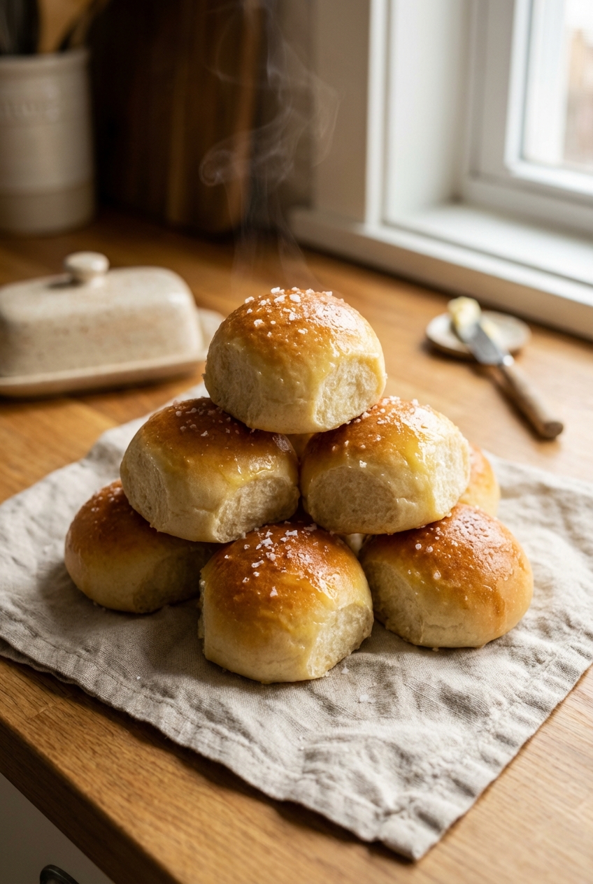 A stack of warm buttery dinner rolls on a linen napkin