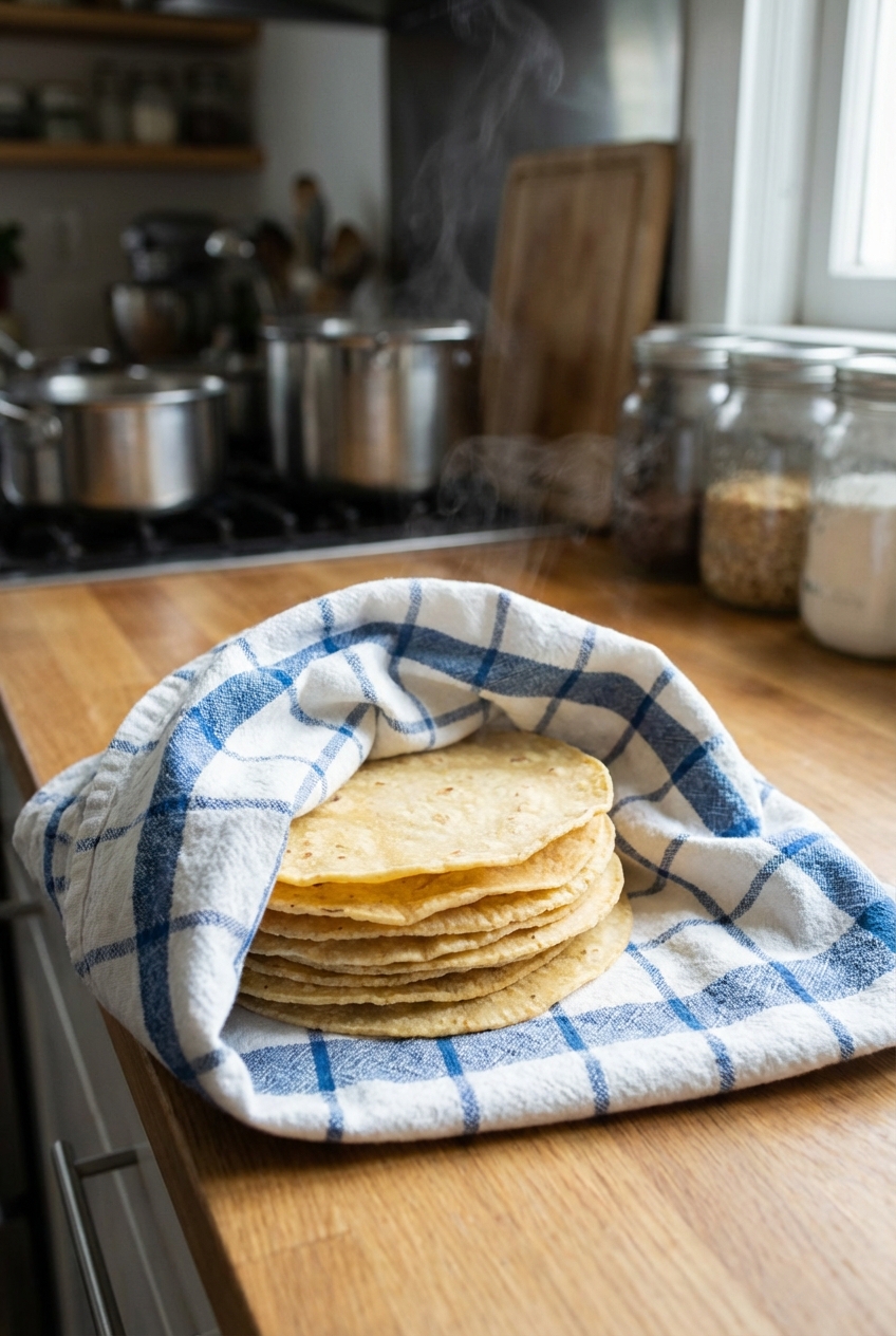 A stack of warm corn tortillas wrapped in a clean kitchen towel