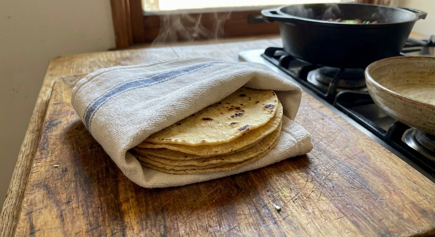 A stack of warm corn tortillas wrapped in a clean kitchen towel on a wooden table
