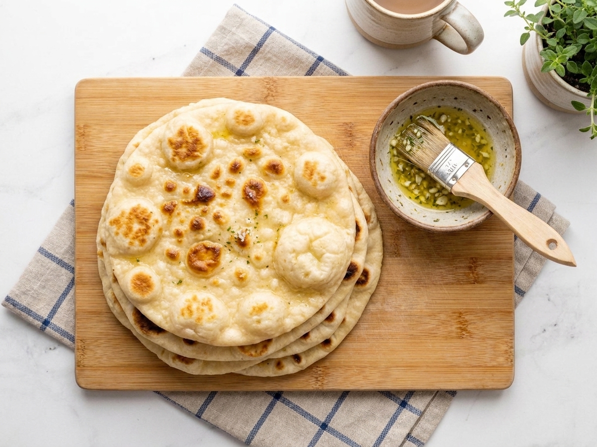 A stack of warm homemade flatbreads with golden brown blisters, resting on a wooden board beside a small bowl of olive oil and herbs on a cozy kitchen table