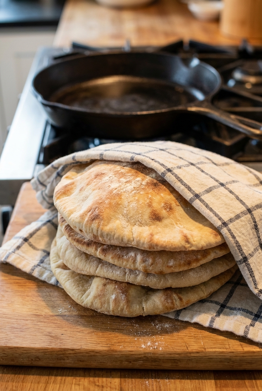 A stack of warm homemade pita breads wrapped in a kitchen towel on a wooden board, with a cast iron skillet in the background