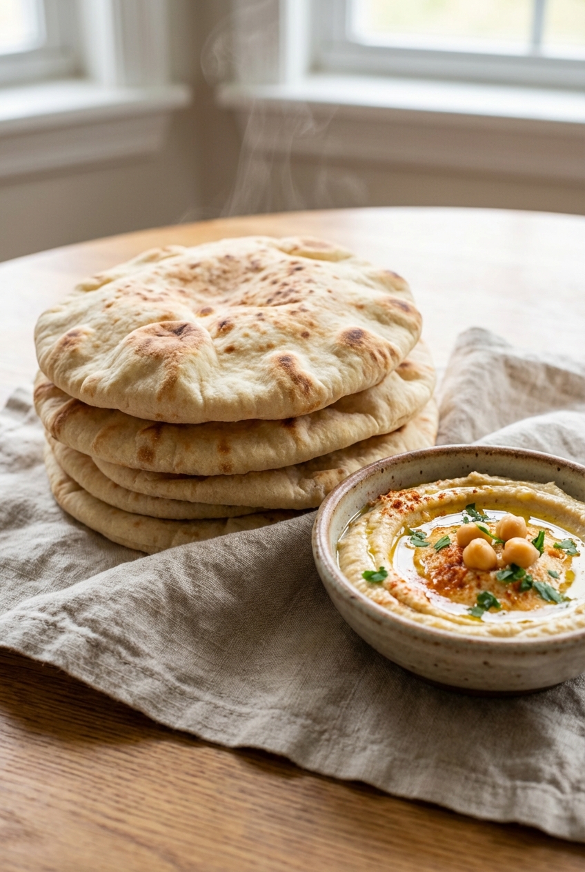 A stack of warm pita bread on a linen napkin with a small bowl of hummus