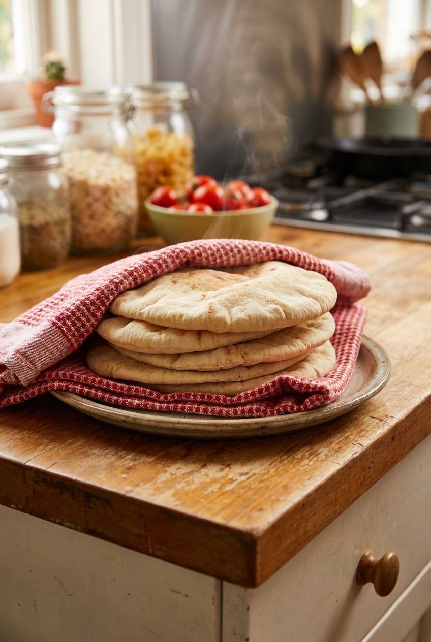 A stack of warm pita bread on a plate with a tea towel