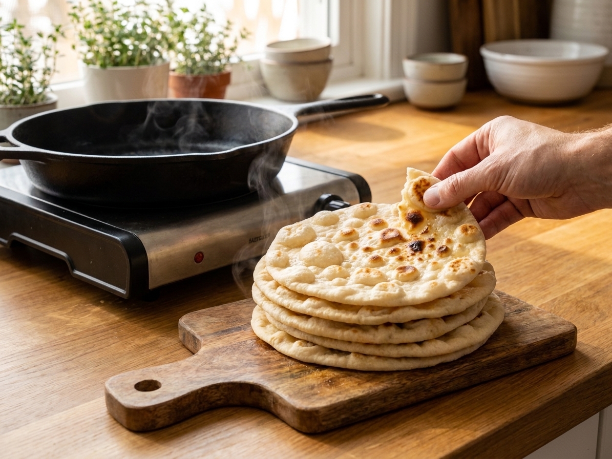A stack of warm skillet flatbreads with golden blistered spots on a wooden cutting board on a cozy kitchen counter